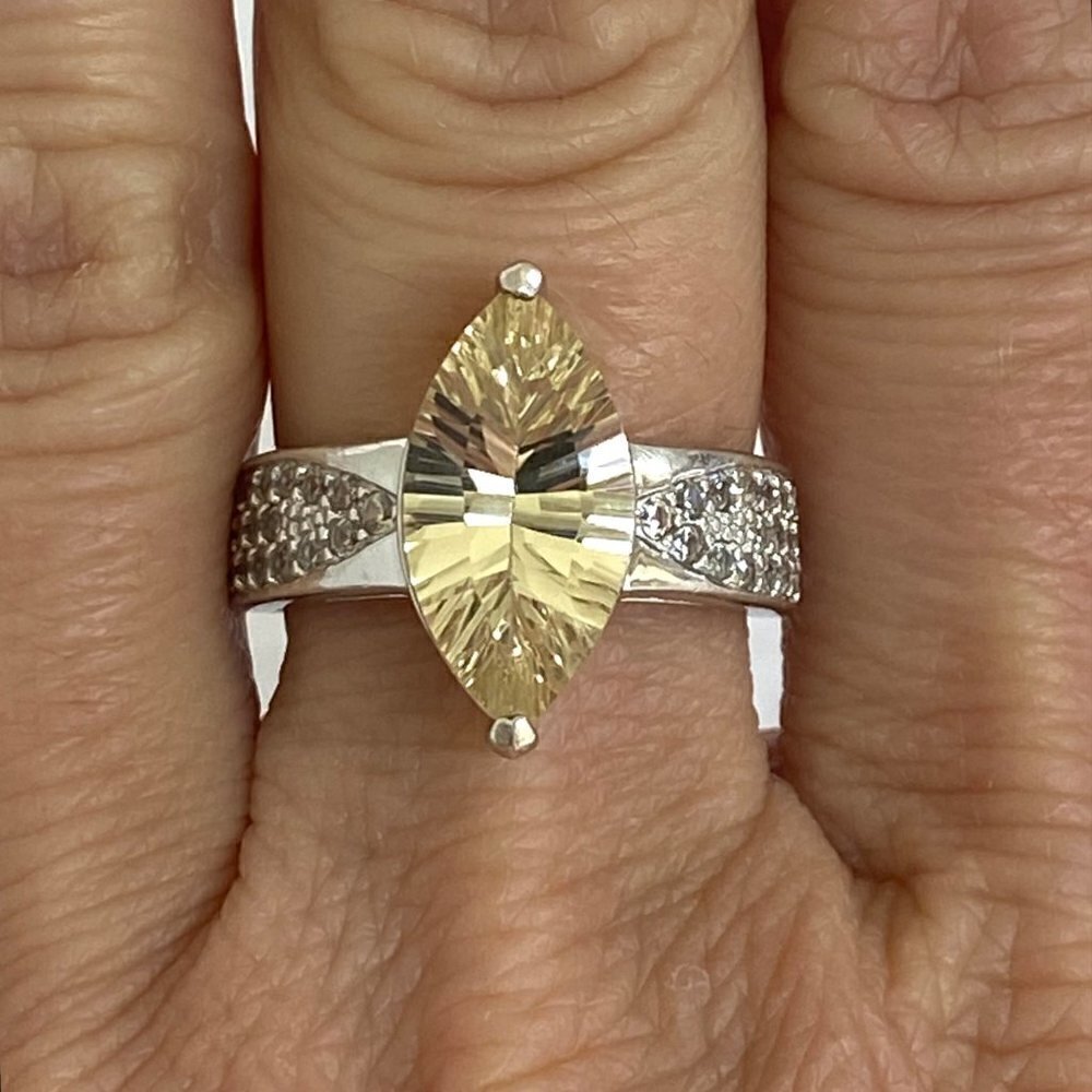 Sterling Silver 925 BBJ Marquise Faceted Yellow CZ & Clear Spinel Accent Ring
